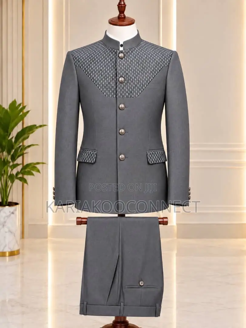 Navy Mandarin-Collar Suit With Textured Lattice Detail