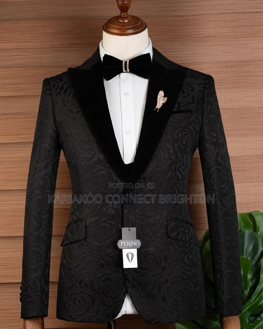 Black Jacquard Velvet Shawl Lapel 3-Piece Suit