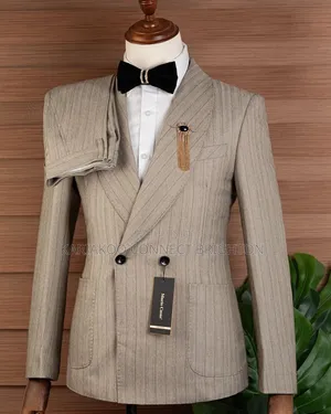 Beige Striped Double-Breasted 2-Piece Suit