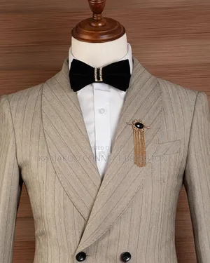 Beige Striped Double-Breasted 2-Piece Suit