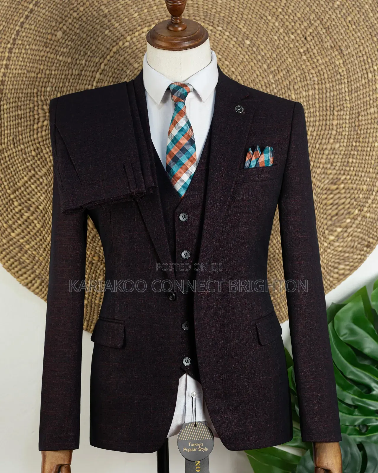 Maroon Textured Check 3-Piece Suit With Tie