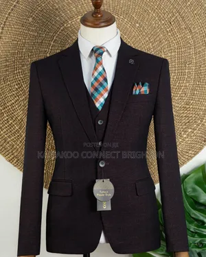 Maroon Textured Check 3-Piece Suit With Tie