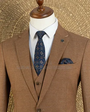 Brown Textured Check 3-Piece Suit With Tie