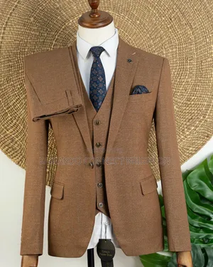 Brown Textured Check 3-Piece Suit With Tie