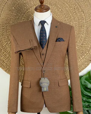Brown Textured Check 3-Piece Suit With Tie