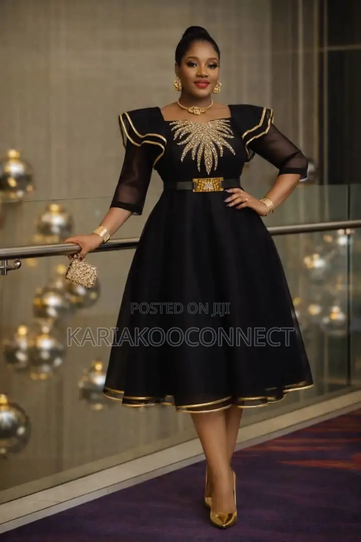 Elegant Flared Party Dress With Gold Trim