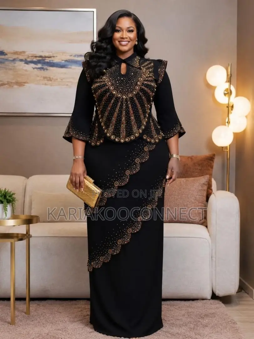 Embellished Long Peplum Dress With Gold Beadwork
