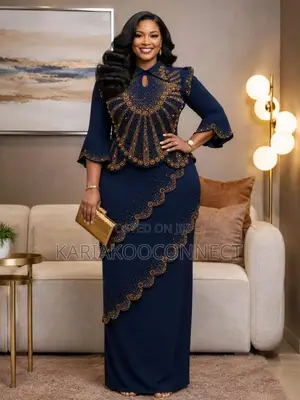 Embellished Long Peplum Dress With Gold Beadwork