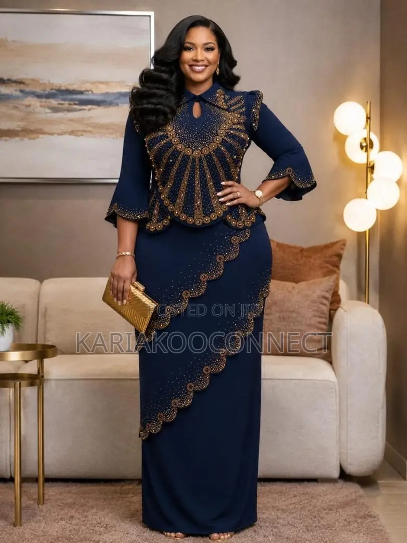 Embellished Long Peplum Dress With Gold Beadwork