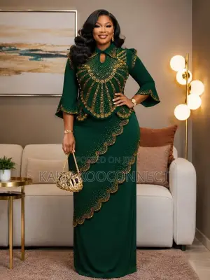 Embellished Long Peplum Dress With Gold Beadwork
