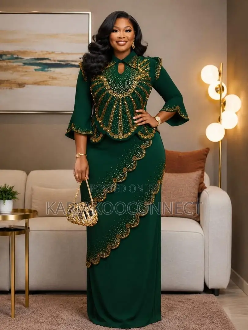 Embellished Long Peplum Dress With Gold Beadwork