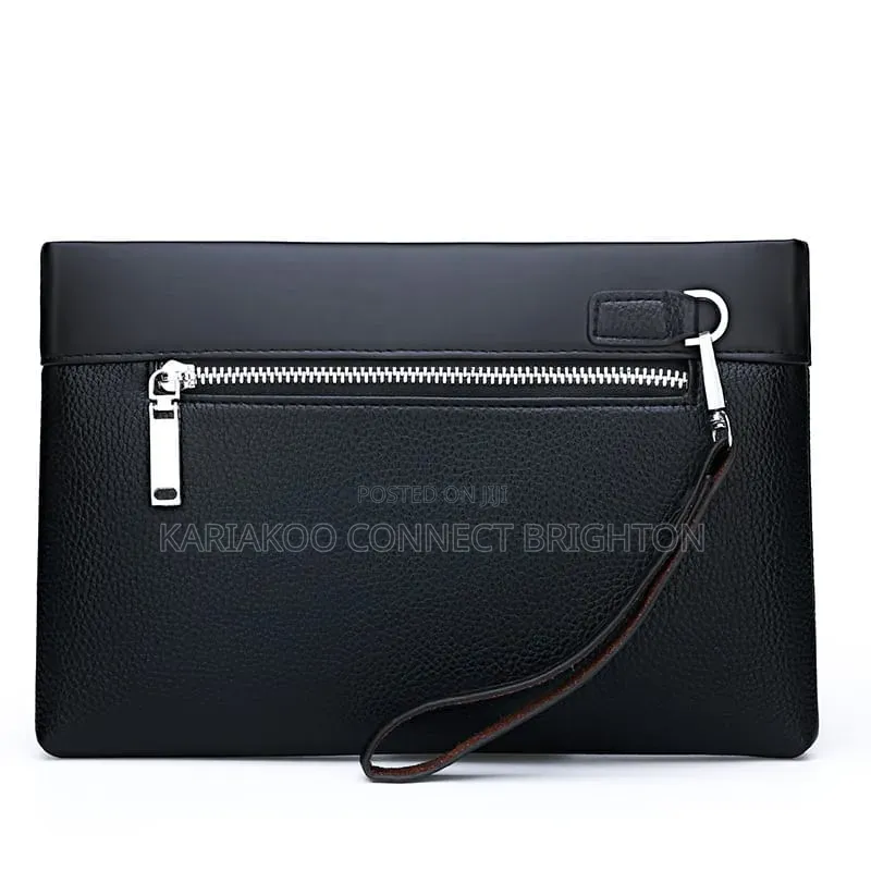 Black Leather Clutch Bag With Wrist Strap