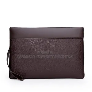 Black Leather Clutch Bag With Wrist Strap