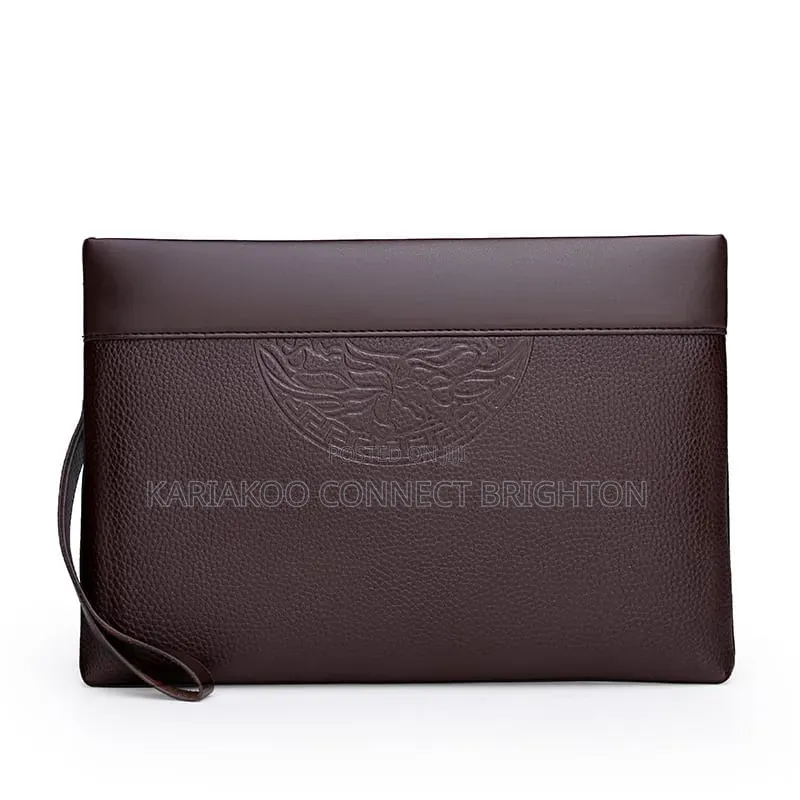 Black Leather Clutch Bag With Wrist Strap