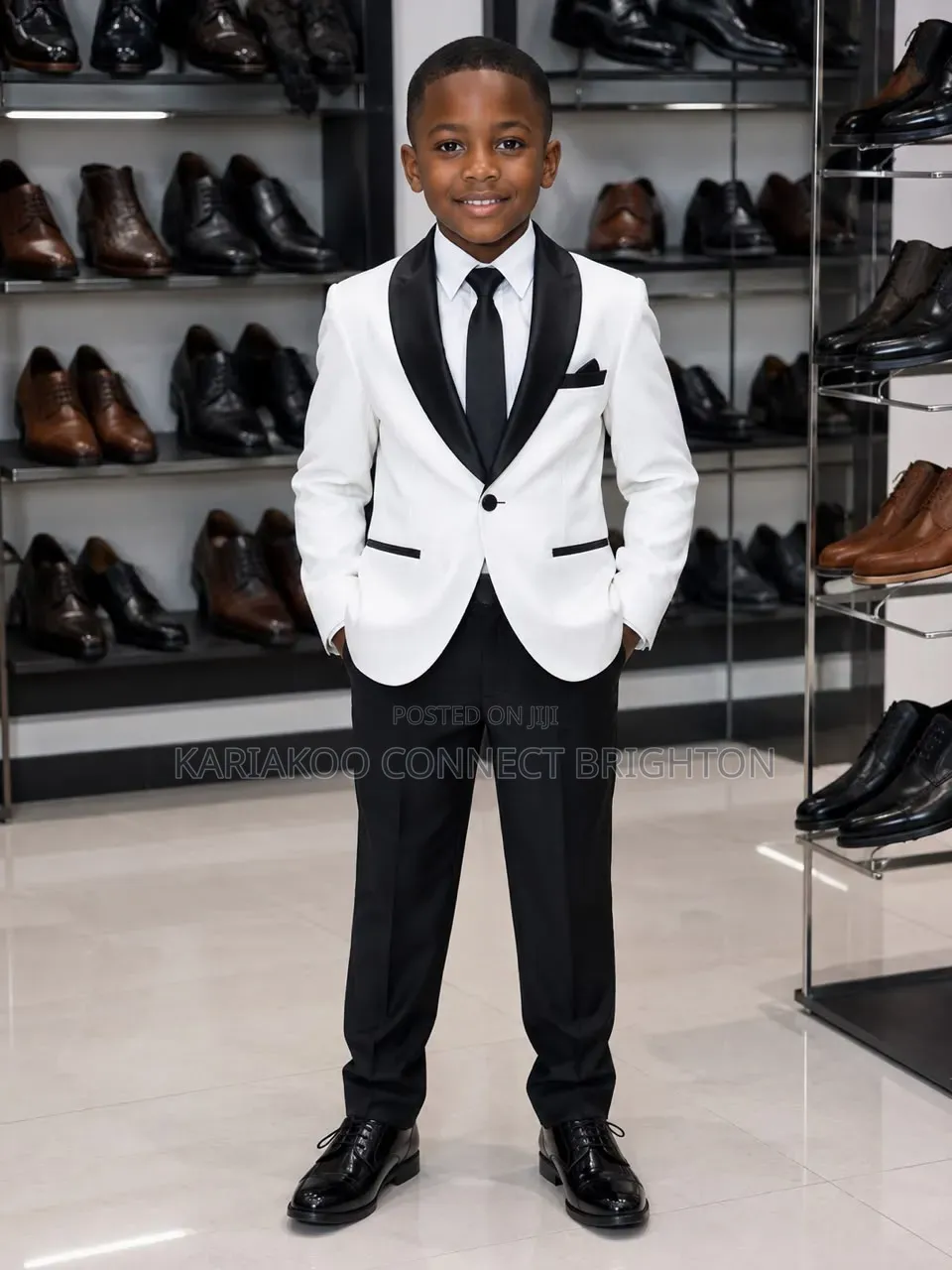 Boys White Blazer With Black Trousers Suit Package
