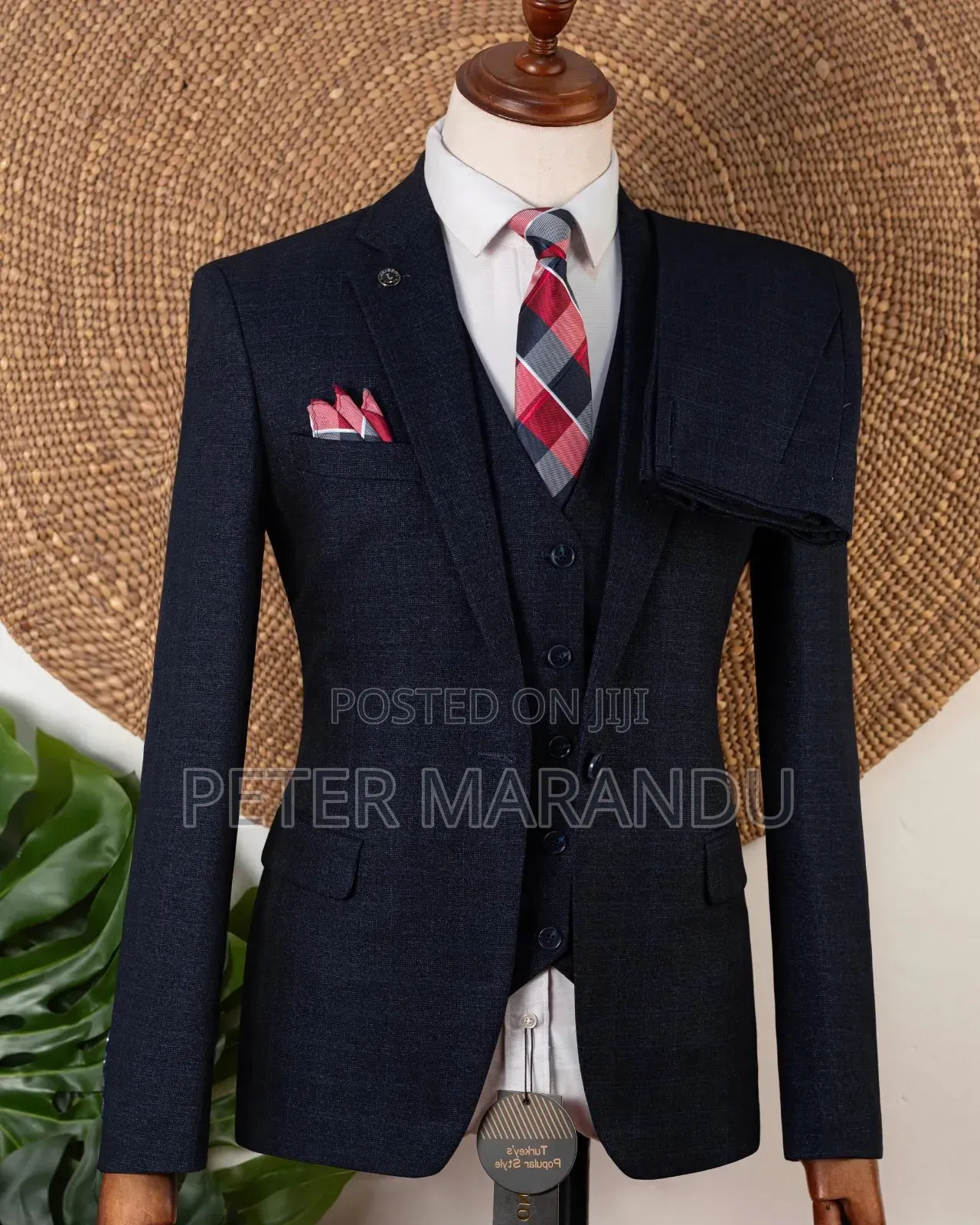 Textured Navy Blue Suit):men's Suits