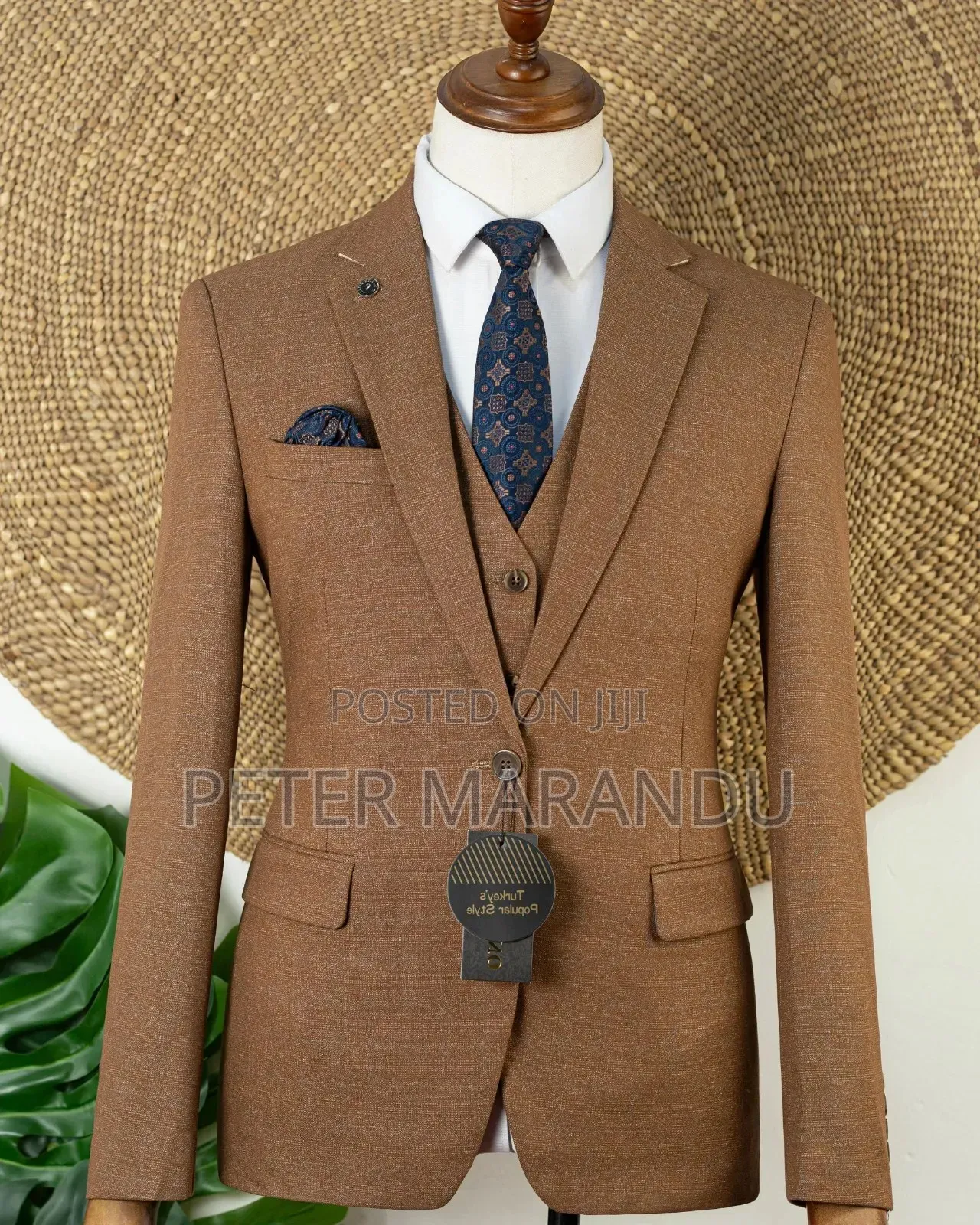 Premium Men's 3-Piece Brown / Camel Suit)