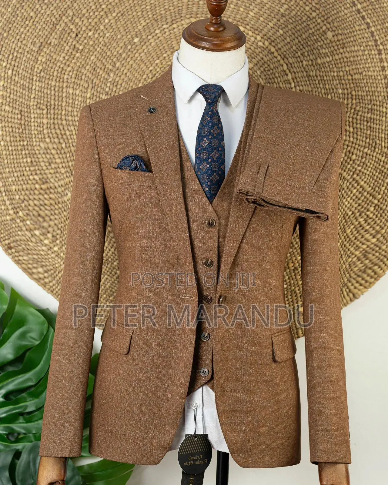 Premium Men's 3-Piece Brown / Camel Suit)
