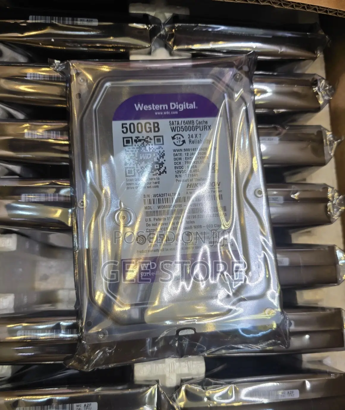 A Western Digital WD Purple 500GB Surveillance Hard Drive
