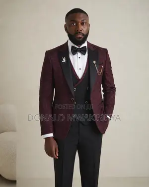 Luxury Tuxedo Suit - Wine Red Black | Bowtie Set