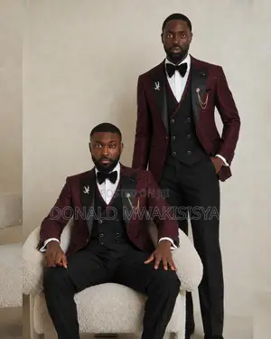 Luxury Tuxedo Suit - Wine Red Black | Bowtie Set