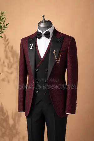 Luxury Tuxedo Suit - Wine Red Black | Bowtie Set