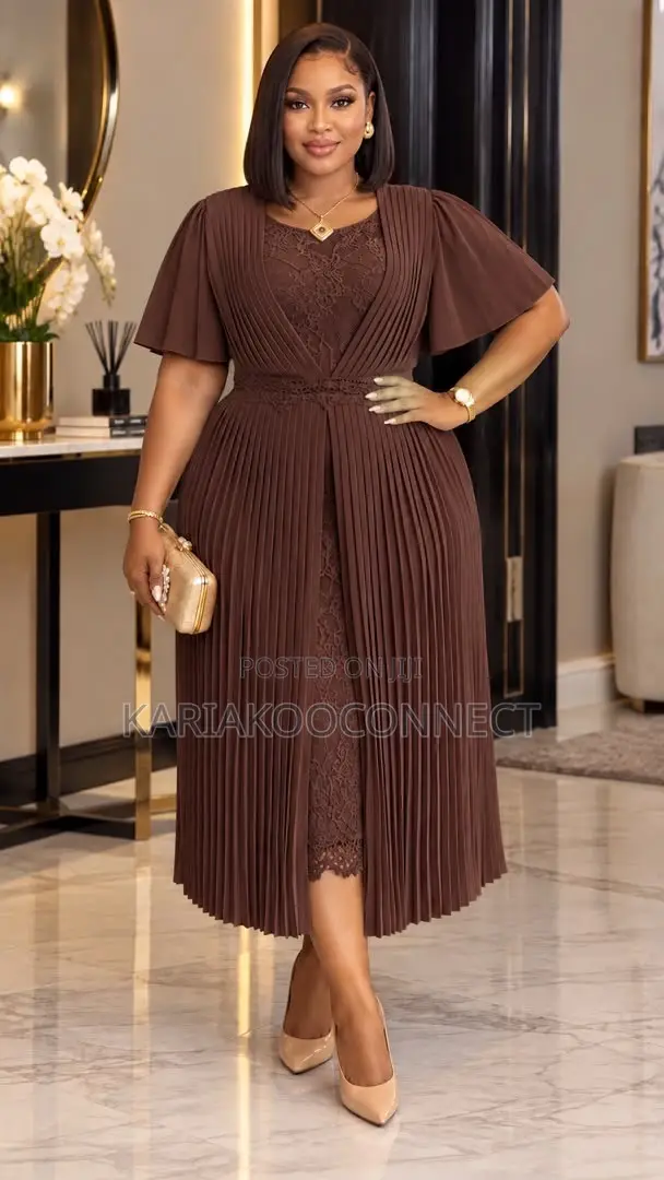 Elegant Pleated Lace Overlay Midi Dress With Flutter Sleeves