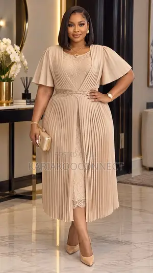 Elegant Pleated Lace Overlay Midi Dress With Flutter Sleeves