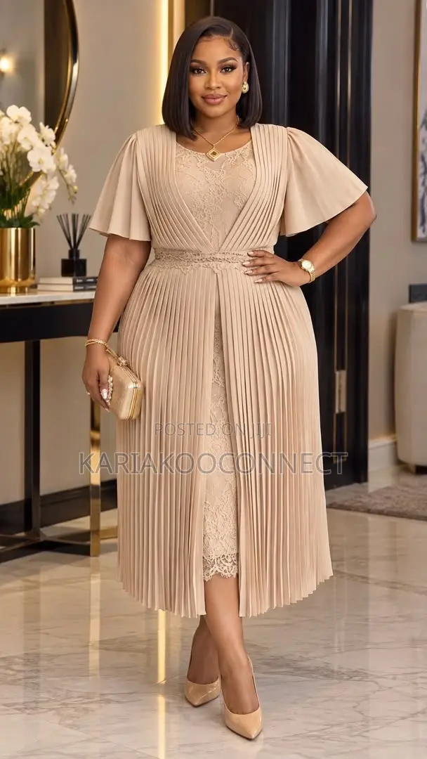 Elegant Pleated Lace Overlay Midi Dress With Flutter Sleeves