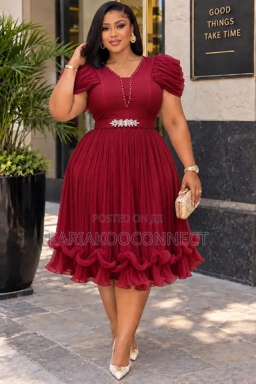 Beaded Waist Ruffle-Hem Cocktail Dress