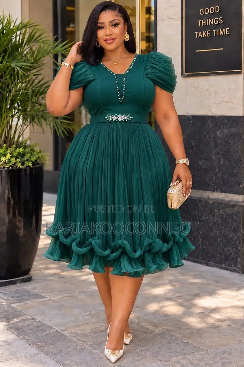 Beaded Waist Ruffle-Hem Cocktail Dress