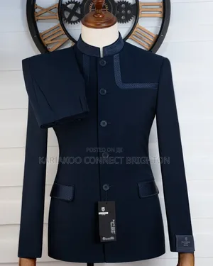 Navy Blue Mandarin Collar Suit With Textured Trim