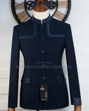 Navy Blue Mandarin Collar Suit With Textured Trim