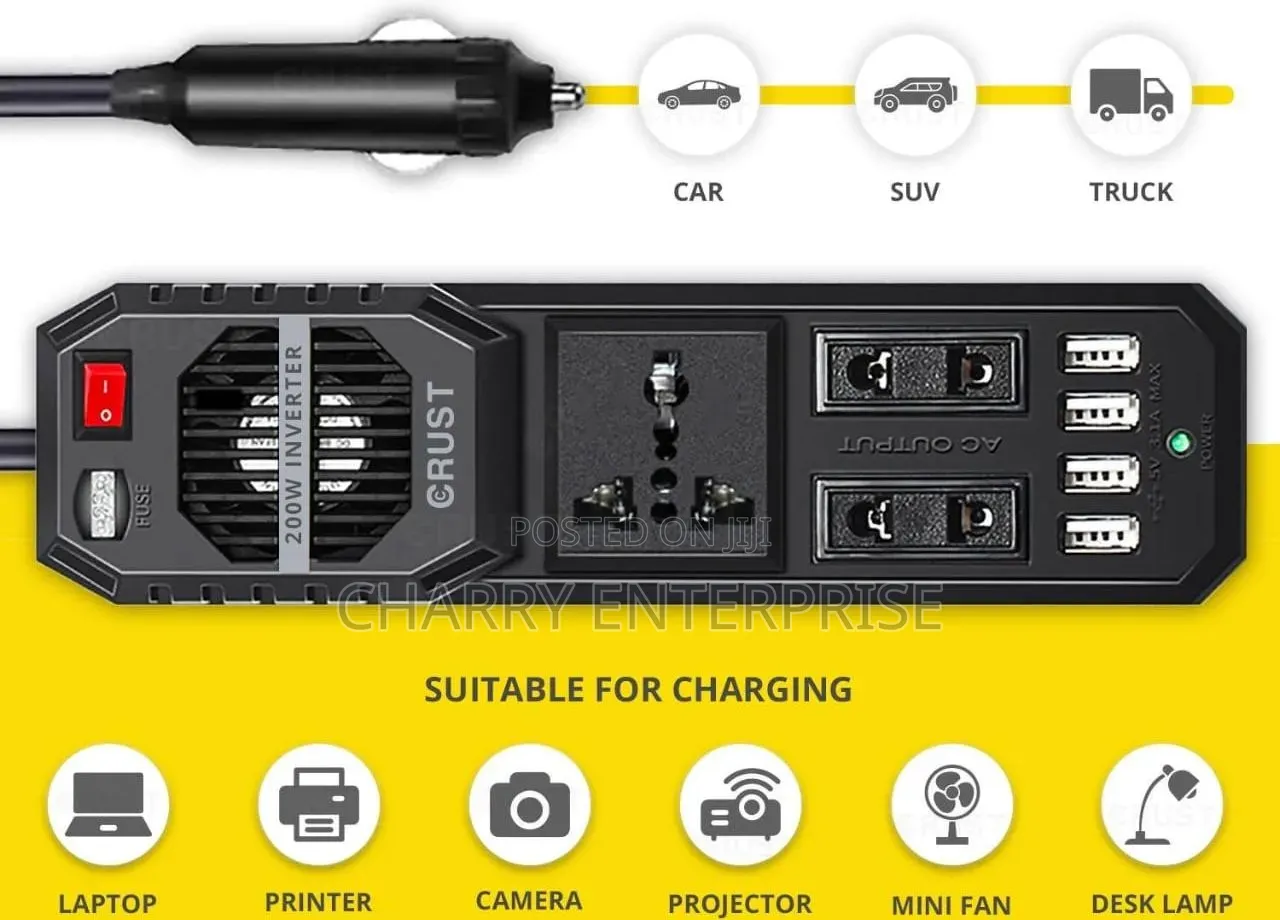 Portable 200w Car Power Inverter Universal Fit for Laptop, Camera Etc