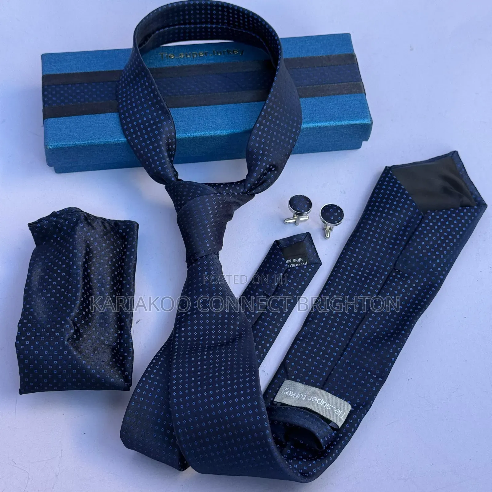 Navy Blue Patterned Tie and Pocket Square Set