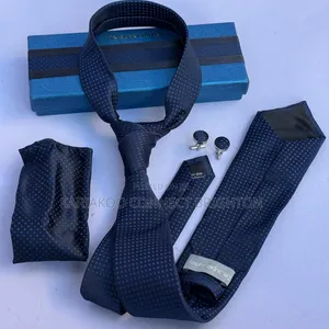 Navy Blue Patterned Tie and Pocket Square Set