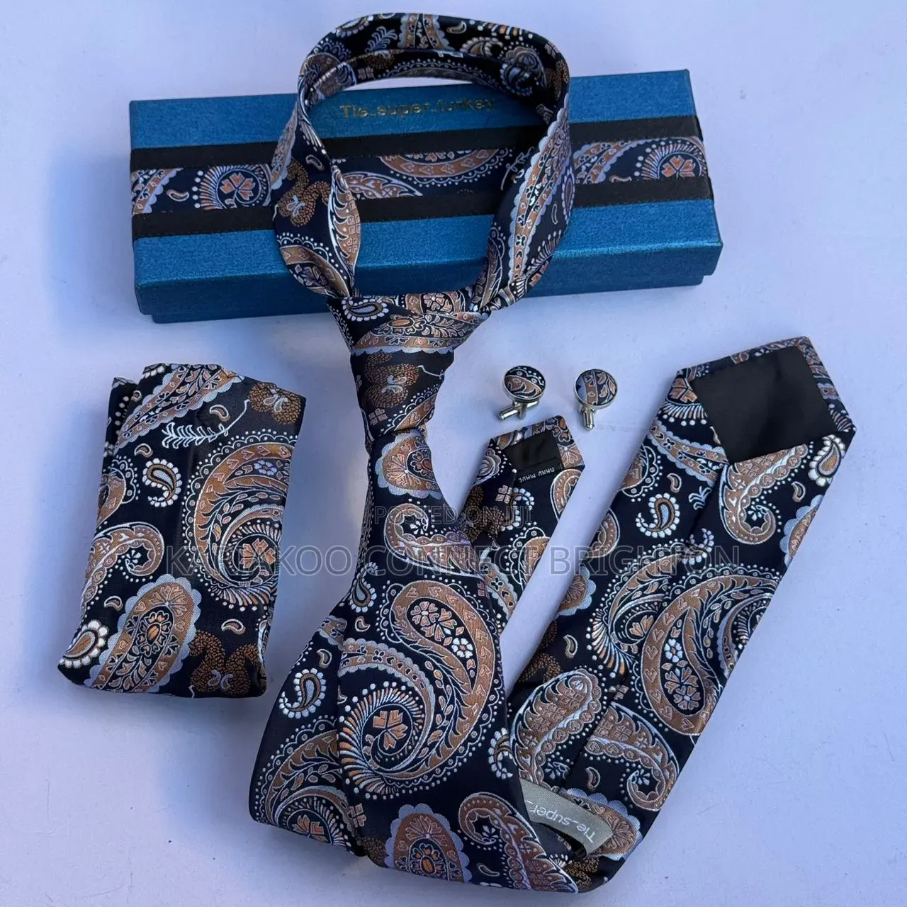 Navy Blue Patterned Tie and Pocket Square Set