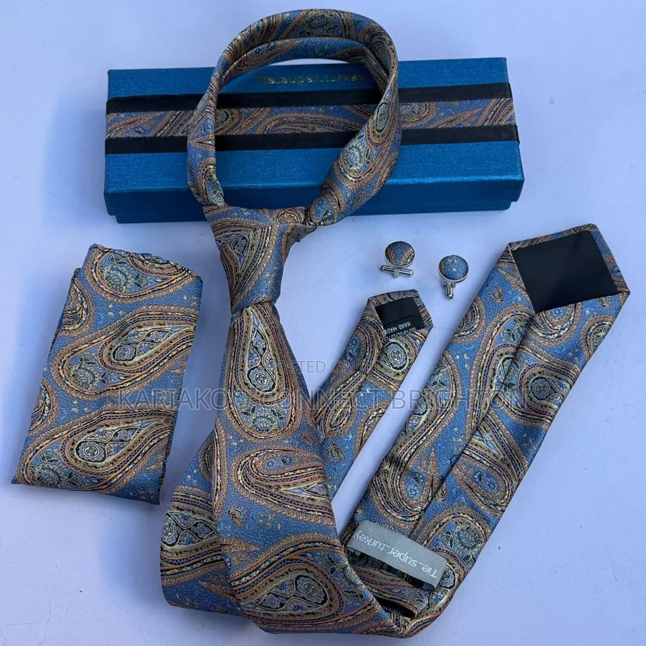 Navy Blue Patterned Tie and Pocket Square Set