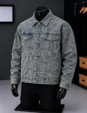 Blue Paisley Patterned Denim Jacket