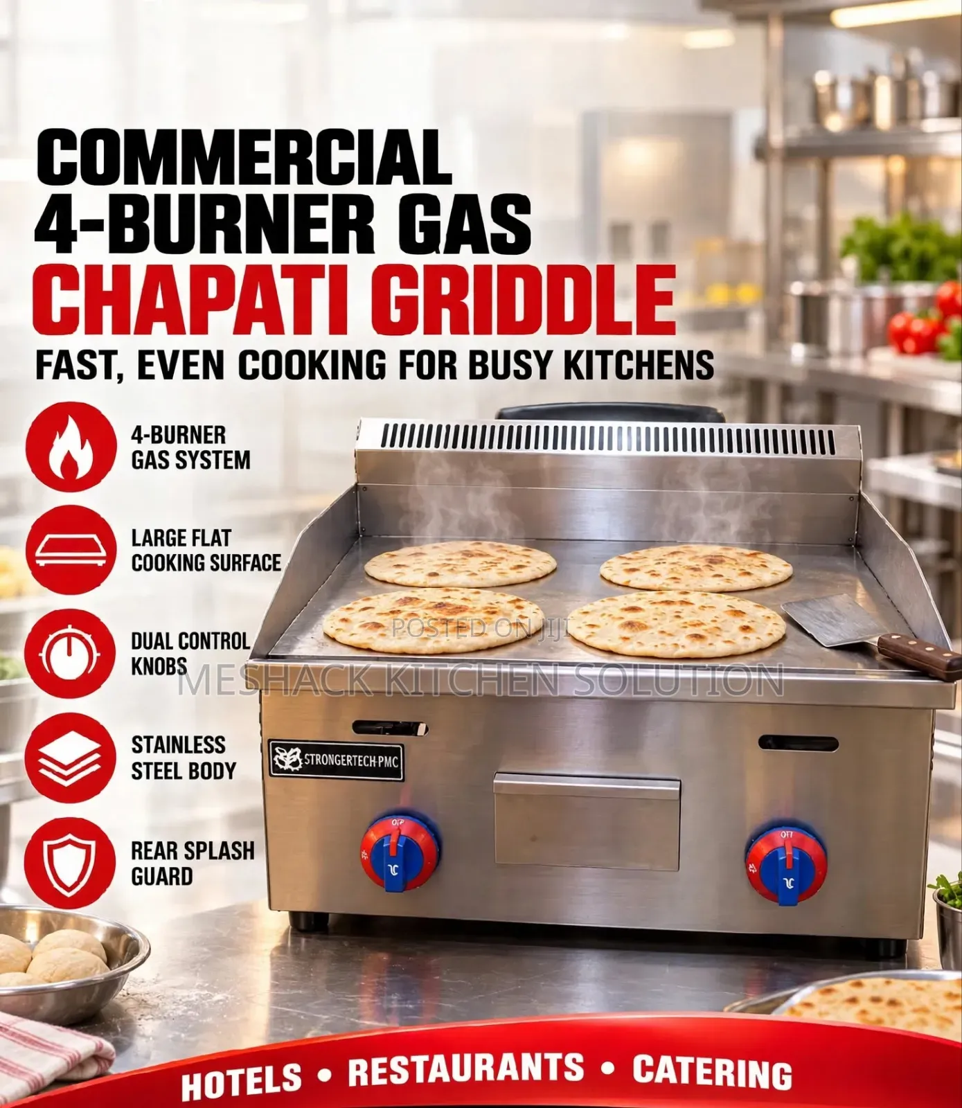 Commercial Chapati Griddle. 4 Burners Gas