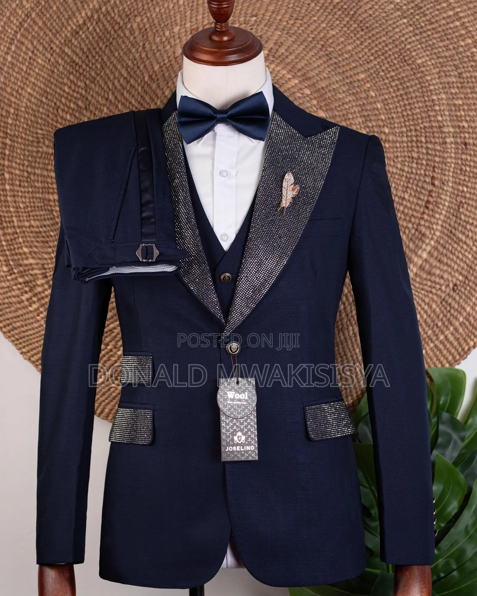 Navy Blue Stoned Lapel Tuxedo - Joselino