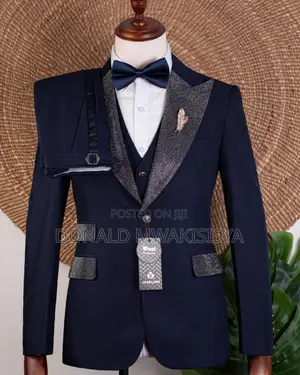 Navy Blue Stoned Lapel Tuxedo - Joselino