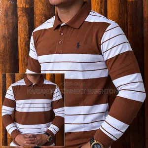 Brown and White Striped Long-Sleeve Polo Shirt