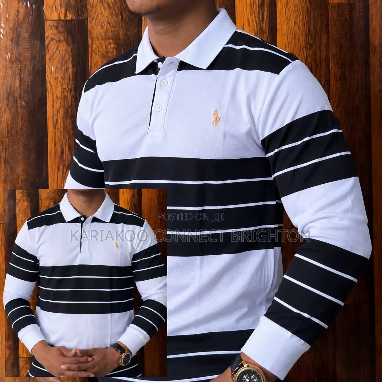 Brown and White Striped Long-Sleeve Polo Shirt