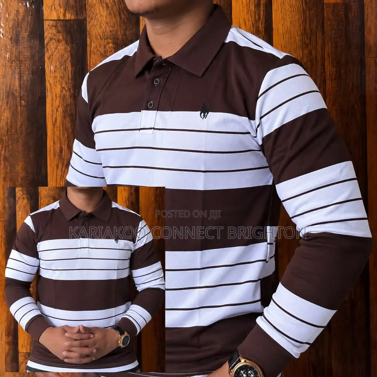 Brown and White Striped Long-Sleeve Polo Shirt