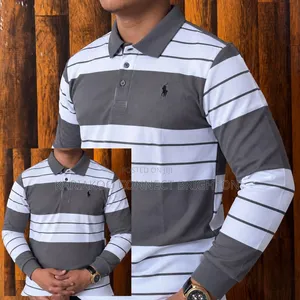 Brown and White Striped Long-Sleeve Polo Shirt