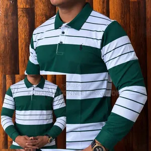 Brown and White Striped Long-Sleeve Polo Shirt