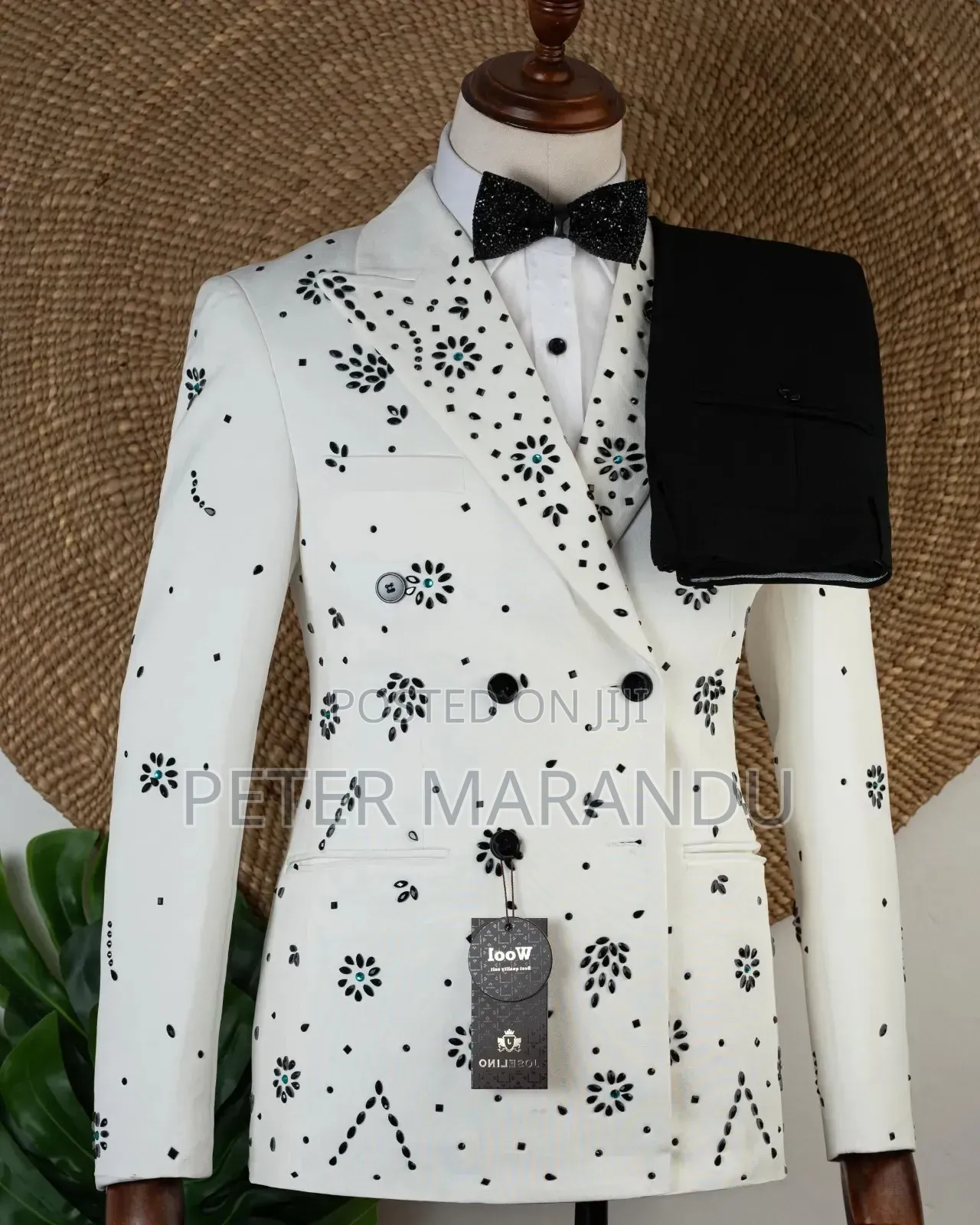 Premium White Double-Breasted Floral Tuxedo)