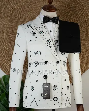 Premium White Double-Breasted Floral Tuxedo)
