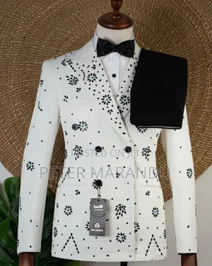 Premium White Double-Breasted Floral Tuxedo)